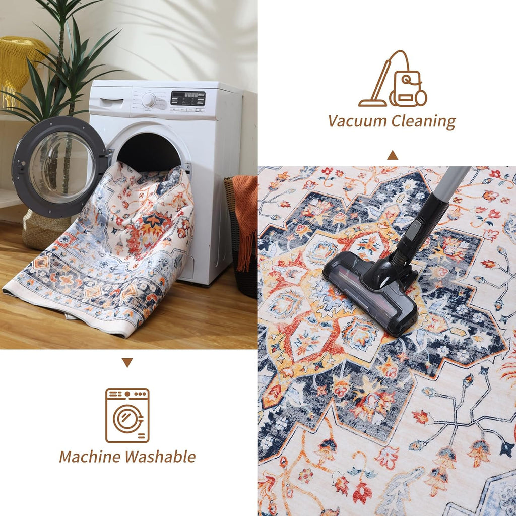 Rugs for Living Room Bedroom Washable Area Rug Carpet Non-Slip Orange Foldable Large Floor Rug