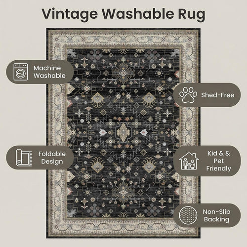 Vintage Black Washable Rug | Oriental Area Rug