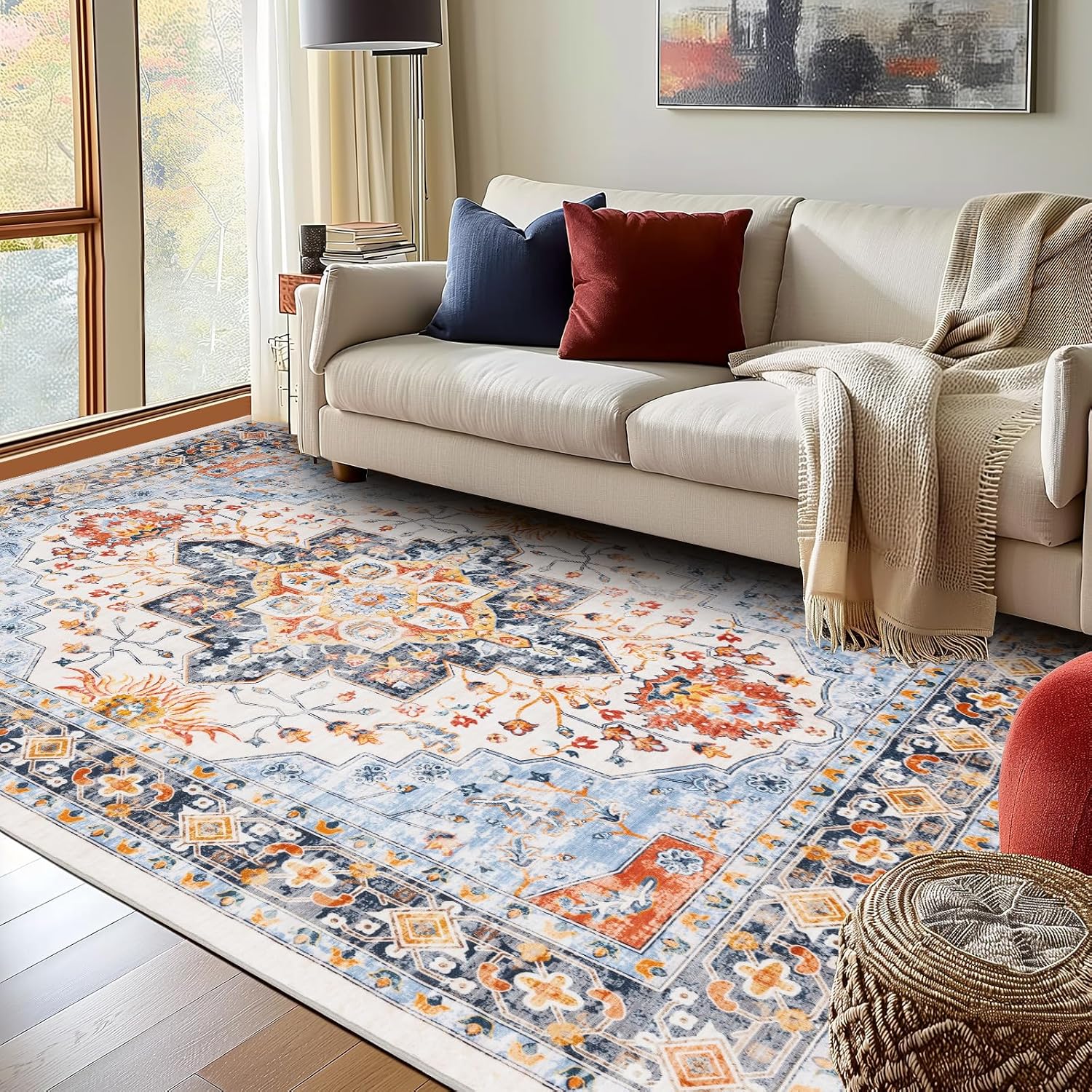 Rugs for Living Room Bedroom Washable Area Rug Carpet Non-Slip Orange Foldable Large Floor Rug