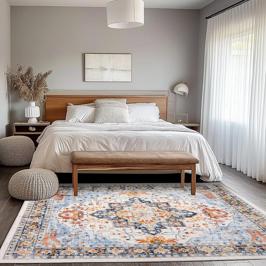 Vintage Blue Washable Rug | Non-Slip Area Rug